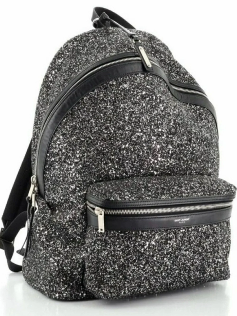 Saint Laurent Black and Silver Glitter Backpack with Logo
